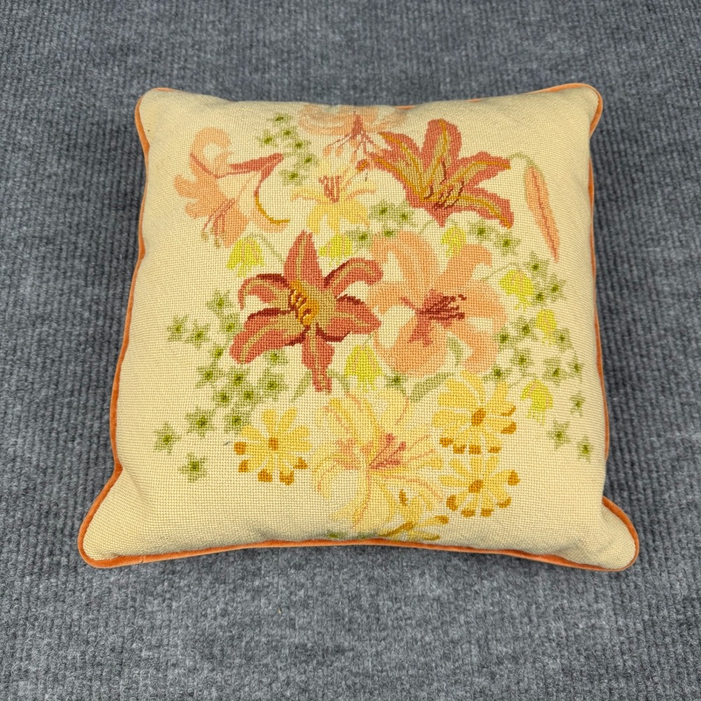 Vtg 70s Needlepoint Pillow 16x16 Floral Lilies Orange Velvet Back Handmade